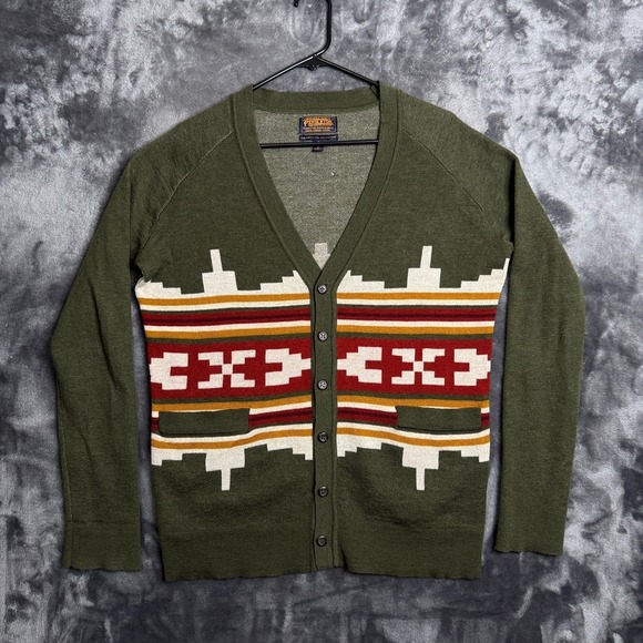 Pendleton Sweaters - Pendleton Womens Cardigan Green Aztec Merino Wool V-Neck Size Small Western